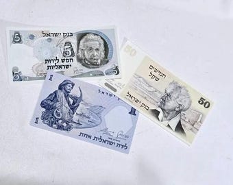 Lote de billetes antiguos de Israel: 1 lira de 1958, 5 liras de 1968 y 50 sheqalim de 1978. 3 unidades: P-30a, 34b y 46a; sin circular.