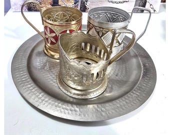Vintage 3 pcs Soviet Space Program Sputnik Tea Glass Holder USSR Plate Tea Cup Holders