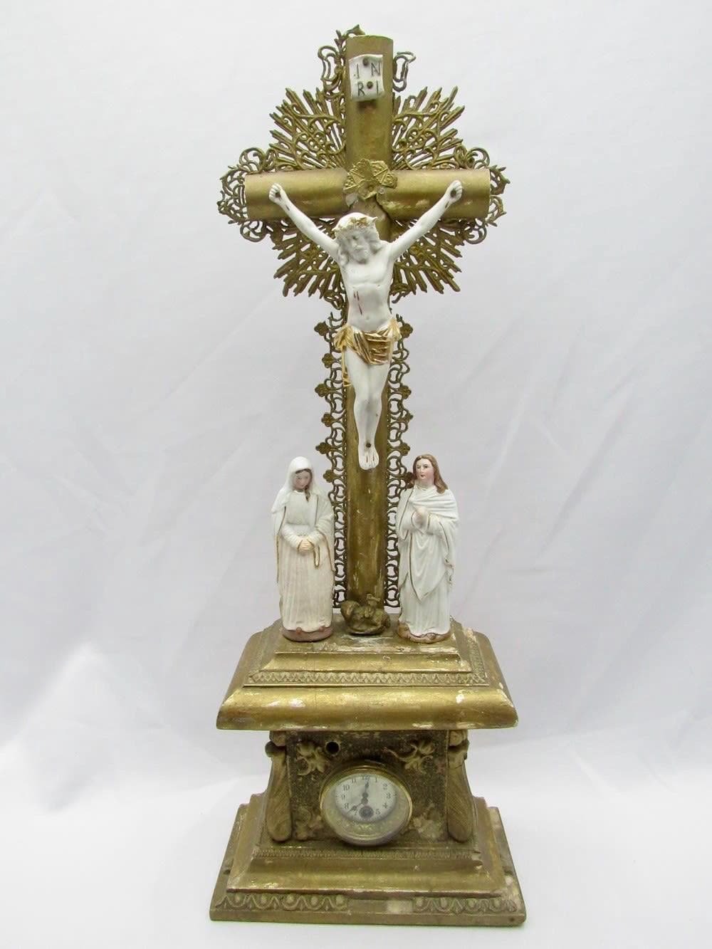 アンティーク　ブラス　真鍮　キリスト教　クリスチャン　オーナメント　オブジェ Vintage Brass Jesus Cross Clock: Porcelain Christian Statue, Home