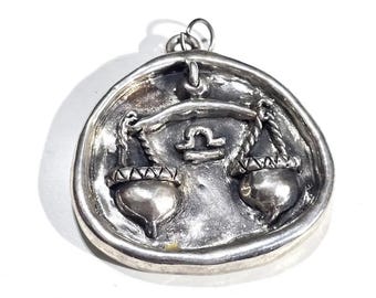 Rare Silver Pendant Round Sculpted Libra Signed 925 Electroforming Jewelry Gift
