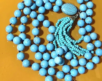 Genuine Natural Blue Turquoise Round Gemstone Beads Jewelry Long Women’s Jewellery Necklace