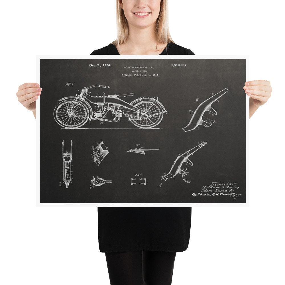 Poster Vintage - Harley 1924 Moto Patente Art Vintage Déco Entrée Salon Atelier Garage Bureau.