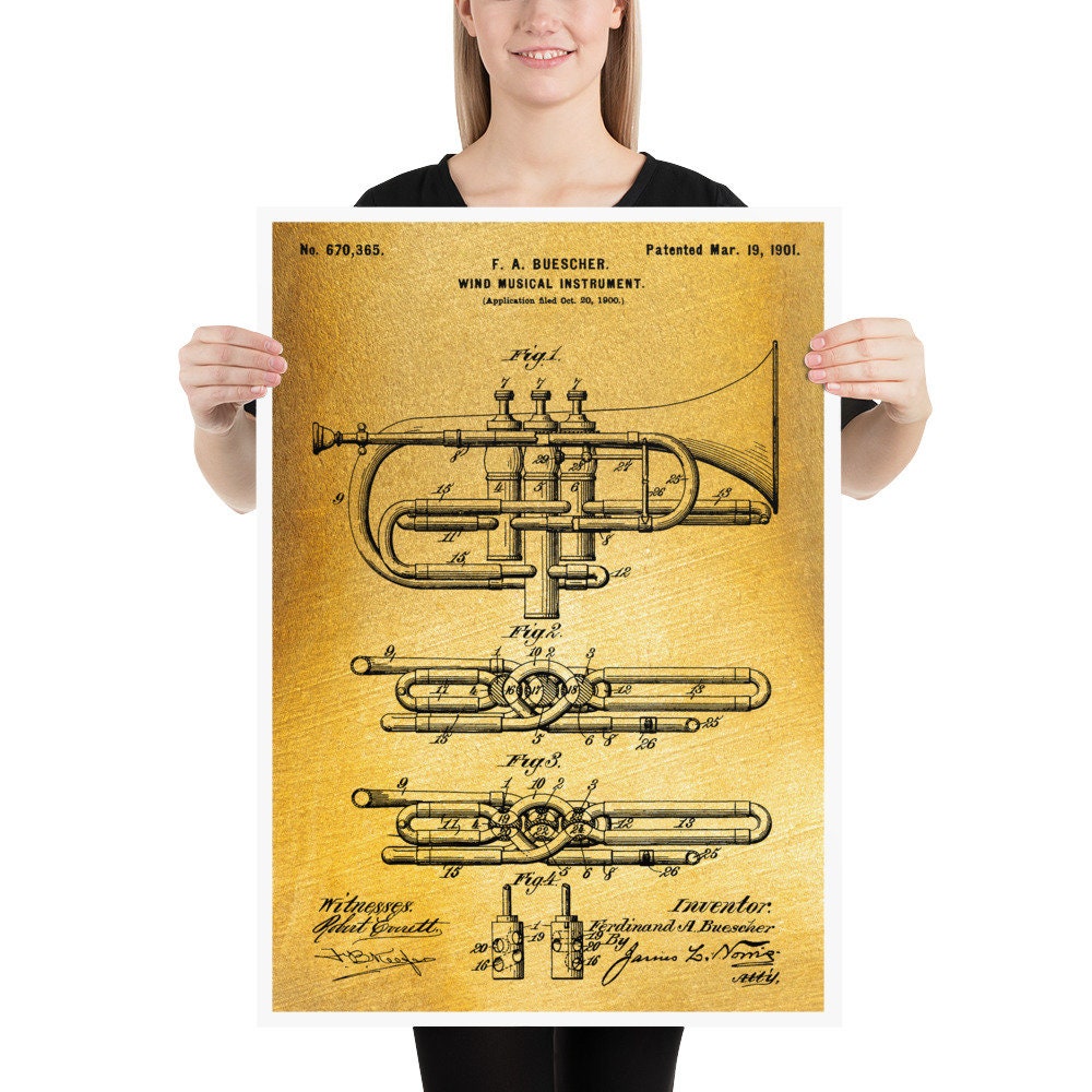 Poster Vintage - Cornet à Pistons 1901 Musique Patente Art Vintage Déco Entrée Salon Studio de Musiq