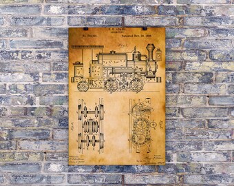 Trains - Locomotive 1886 - Vintage Poster - Vintage Patent Print - Garage Decor - Loft Decor