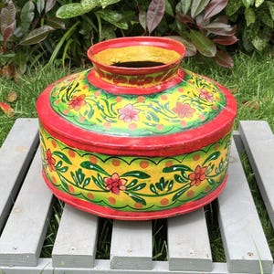 Vintage Indian Water Pot Hand Painted Indoor Outdoor Pattern Metal Planter