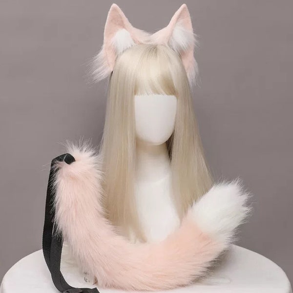 Pink White Fox ears and tail set,Furry animal ears,Wolf cosplay costume，Realistic wolf ears and tail set,Werewolf ears and tail,Khaki wolves