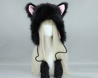 Furry Strap Hat-Furry Aviator Cat Ear Hat-Warm Black Warm Faux Fur Band Kitty Cat ear Hat cyber fleece beanie anime cosplay wolf kawaii gift