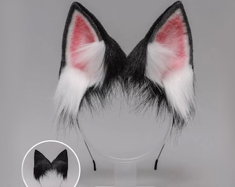 White Black Wolf ear headband,Anime ear,Wolf cosplay ear,Aritificial furry ears Realistic Anubis wolf ear,Emulational beast ear,Faux fur ear