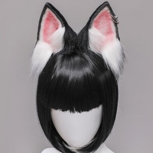 White Black Wolf ear headband,Anime ear,Wolf cosplay ear,Aritificial furry ears Realistic Anubis wolf ear,Emulational beast ear,Faux fur ear Have earrings