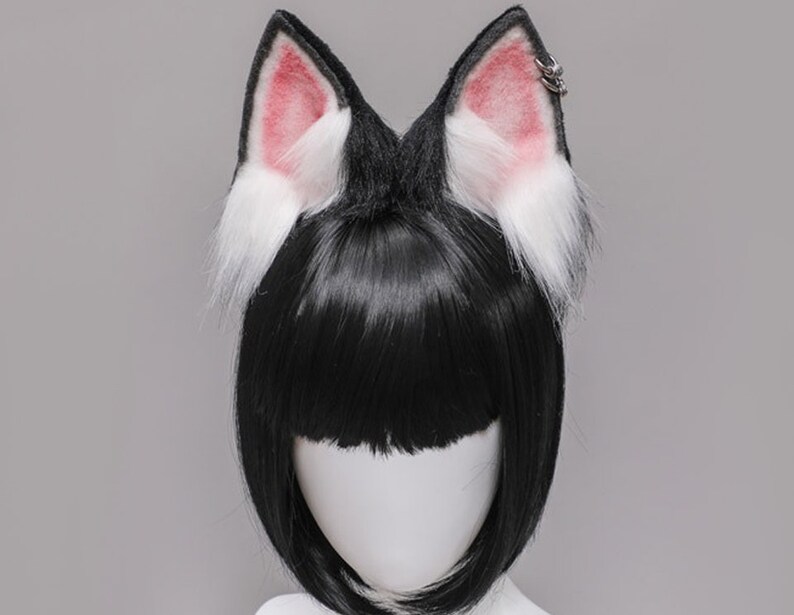 White Black Wolf ear headband,Anime ear,Wolf cosplay ear,Aritificial furry ears Realistic Anubis wolf ear,Emulational beast ear,Faux fur ear Have earrings