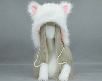 Furry Strap Hat-Furry Aviator Cat Ear Hat-Warm White Warm Faux Fur Band Kitty Cat ear Hat cyber fleece beanie anime cosplay wolf kawaii gift