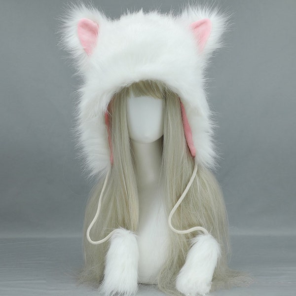 Furry Strap Hat-Furry Aviator Cat Ear Hat-Warm White Warm Faux Fur Band Kitty Cat ear Hat cyber fleece beanie anime cosplay wolf kawaii gift