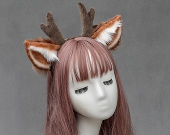 Antlers and Ears Headband / Deer Costume / Realistic Doe /Reindeer Antlers Jackalope style/Hand Made Deer Ears Horn Hairhoop Hairbands