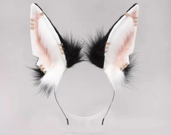 White Black Wolf ear headband,Anime ear,Wolf cosplay ear,Aritificial furry ears Realistic Anubis wolf ear,Emulational beast ear,Faux fur ear