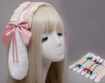 Clip Rabbit Ears Headband,Sheep Ear Headband,Elf Ears,Cosplay,Lolita,Cute white pink Bear furry ears headband with earrings cat for her gift