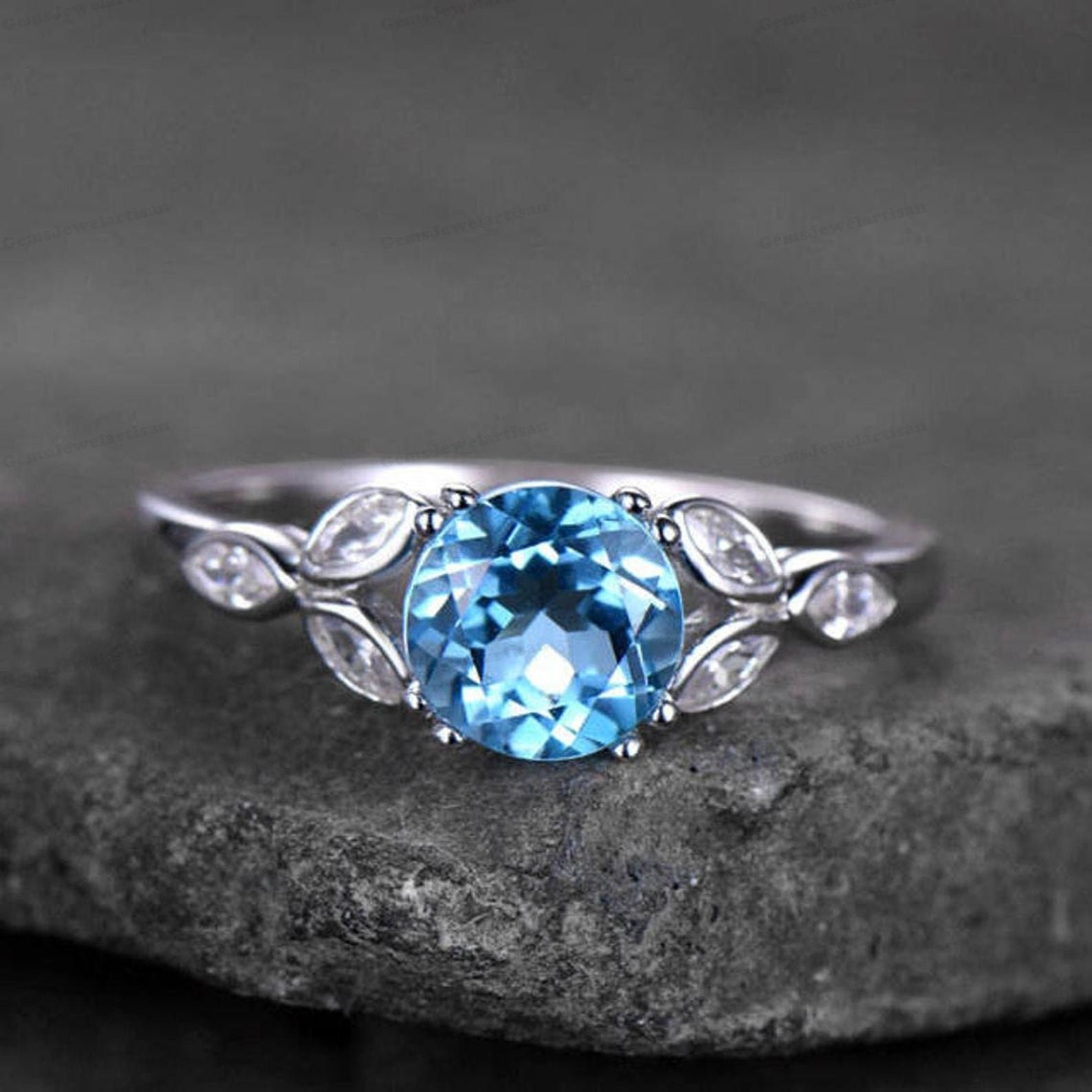 Blue Topaz Engagement Diamond Ring 14k 18k White Gold | Etsy