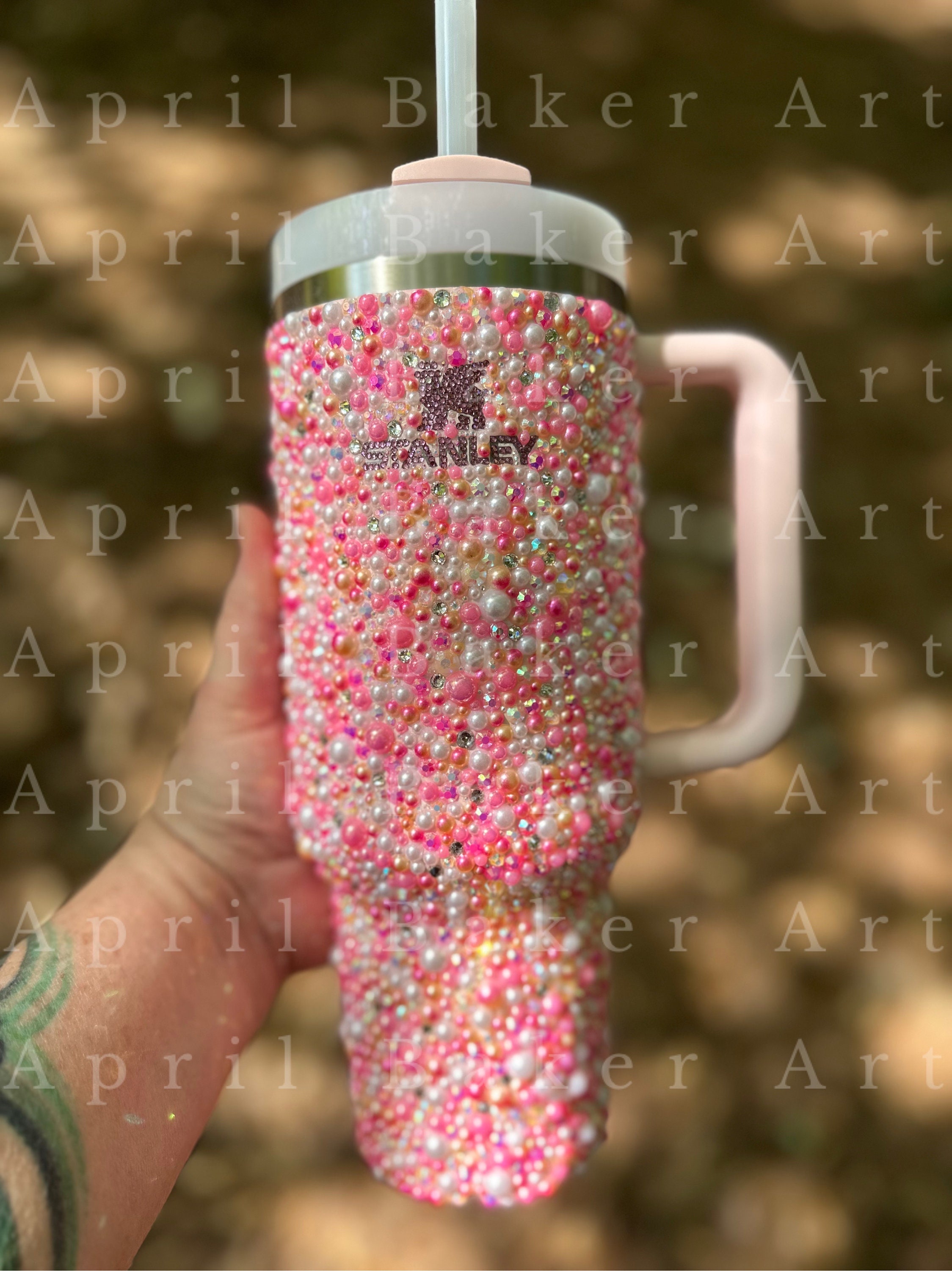 Handmade Pink Rhinestone Stanley Tumbler: Pearl Bling Quencher H2