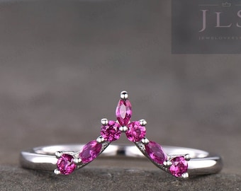 Bague rubis à empiler, couronne, bague de mariage, juillet, pierre de naissance, bague d'anniversaire, marquise, rubis, bague incurvée, bague de promesse assortie pour femme