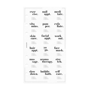 May include: A printable checklist with a white background and black text. The checklist includes items such as exercise, nail appointment, meditate, vitamins, pamper, exfoliate, skin care, facial appointment, work out, hair appointment, yoga, face mask, massage, aroma therapy, stretch, slow down, bubble bath, and self care. Each item has a checkbox next to it for daily, weekly, or monthly.