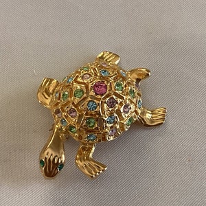 Vintage Turtle Pin - Brooch - Colored Rhinestones - Unmarked