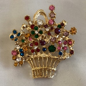 Vintage Flower Basket Brooch - Rhinestones - Colored Rhinestones - Spring Pin - Unmarked