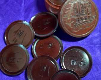 Vintage Japanese Wool Lacquer Coaster in Carved Box - Set of 8 - MCM (197A)