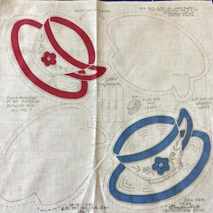 May include: A vintage fabric panel with printed designs for pot holders. The panel features outlines of teacups and saucers in red and blue, with floral details. Text instructions are included for cutting and assembly.