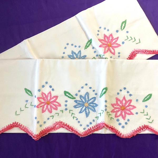 Vintage Crocheted/Embroidered Pillowcase set- Pink and Blue Flowers - 1960's-70's (523A)