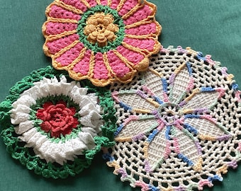 3 Vintage Crocheted Potholders - Handmade - 1950's (#989A)