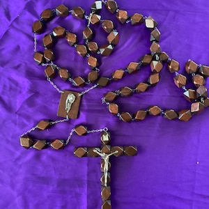 Vintage Wall Rosary - Rome Italy - 67&quot; Long - Wood - Marked - Religious -  Heavy