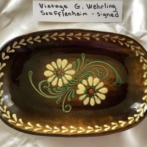 Vintage Soufflenheim French Stoneware Pottery - Plate Dish Tray 9" with handles - trinket plate - signed by G. Wehrling
