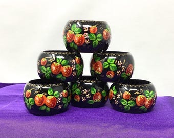 6 Hand painted Napkin Holders-  Lacquer and Wood- Fruit - Tole Paint - Folk Art-  1980's-90's  (447A)