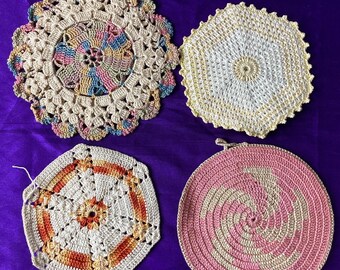 4 Vintage Crocheted Potholders - Handmade - 1950's (#1012)