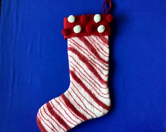 Felted Wool Stocking - Candy Cane -  Made in Nepal - Twos Co.   23" Diagonally (789A)