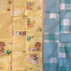 Vintage Children 4 Patch Quilt Blocks -1960's-1970's - 26 in set 9 Yellow and 17 teal/blue -  5"x5"