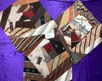 3 Tie Crazy Quilt Blocks - 12.5"x12.5" - Vintage - (160A)