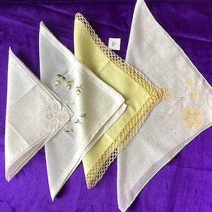 Lot of 4 Vintage Handkerchiefs - Assorted- Beautiful Hankies - 1950&#39;s 60&#39;s (D961)