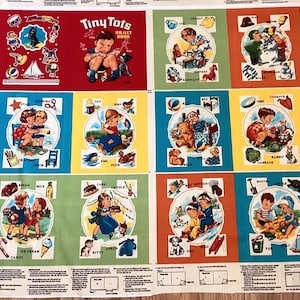 May include: A vintage fabric panel featuring colorful illustrations from a children's object book titled "Tiny Tots." The panel includes various scenes with children and objects like toys, animals, and food items, perfect for crafting or nursery decor.