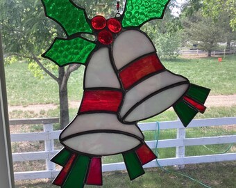 Stained Glass Bells - Suncatcher - Handmade -  9" - Vintage - 1980's - (791A)