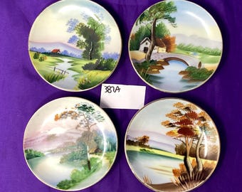 Set of 4 Vintage Decorative Landscape Plates for Wall hanging/Display - 4" - Ucagco - Hand Painted - 1960's-70's  - Japan (387A)