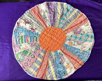19" Vintage Dresden Plate Quilt Block - 1930's/40's - Handstitched -Quilted - Feedsack & Vtg. Material (807A)