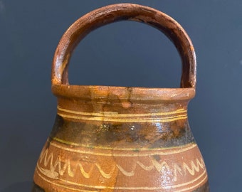 Antique Hungarian Rustic Handmade Handled Earthenware Storage Jug Vase Confit Pot