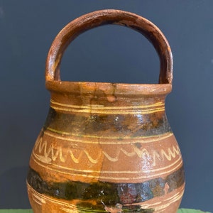 Antique Hungarian Rustic Handmade Handled Earthenware Storage Jug Vase Confit Pot