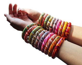 Conjunto de brazaletes de laca retorcida – Pulseras étnicas de Rajastán (3 pares)