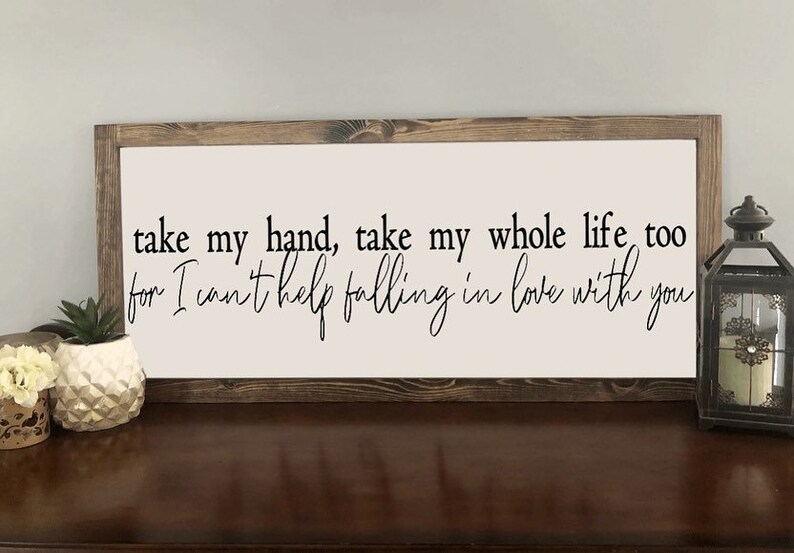 large framed wood sign cant help falling in love with you