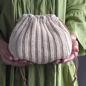 Crochet Summer Mini Pouch Bag with Leather Strap,Small Drawstring Bucket Purse, Tiny Grab and Go Wristlet, Vibrant Summer Crossbody Bag