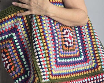 Green XXL Colorful Vintage Weekend Crochet Tote Bag with Colorful Granny Stitch Design ,Huge Crochet Duffle bag,