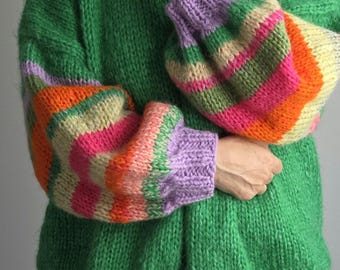 Cardigan in mohair lavorato a mano – Giacca a maglia grossa a righe colorate