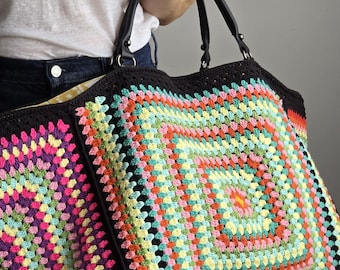 Handmade Crochet Weekender Bag –XXL Travel Tote with Leather Straps –Oversized Carry-All Bag –Large Overnight Boho Bag –Knittrolley Original