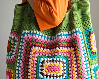 Carry-All Bag Handmade Green Crochet Bag - Large Colorful Summer Beach Tote with Inner Pocket